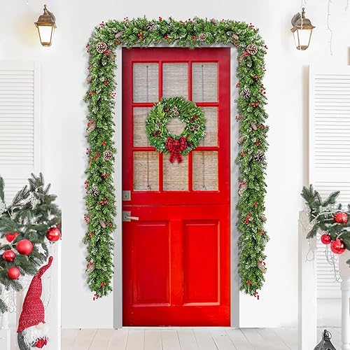 Miniatura 5 de TigeJoy Guirnalda de Navidad preiluminada de 9 pies con luces LED cálidas, guirnalda de pino esmerilado con bayas rojas y piñas largas de cedro, 8