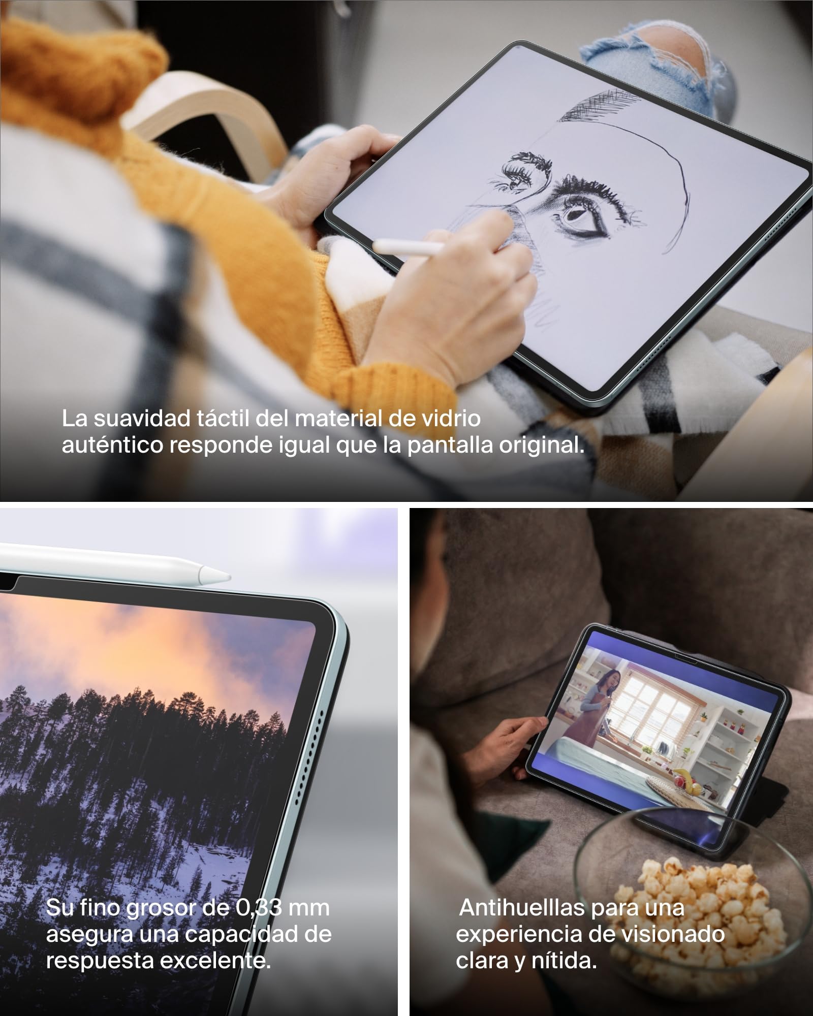 Belkin ScreenForce protector de pantalla para iPad Air de 11″, vidrio templado con grado 9 H de resistencia, 0,33 mm de grosor, antiarañazos, instalación fácil, compatible con fundas y Apple Pencil