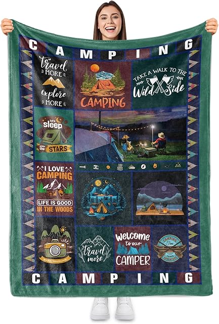 Sowide Camping Blanket for Camping Lovers, Camping Gifts for Men Women Family, Soft Fleece Blanket Throw Unique Gift, Comfy Lightweight Fuzzy Plush for Travel Hiking Outdoor Camper, Couch Nap, 50"x60"