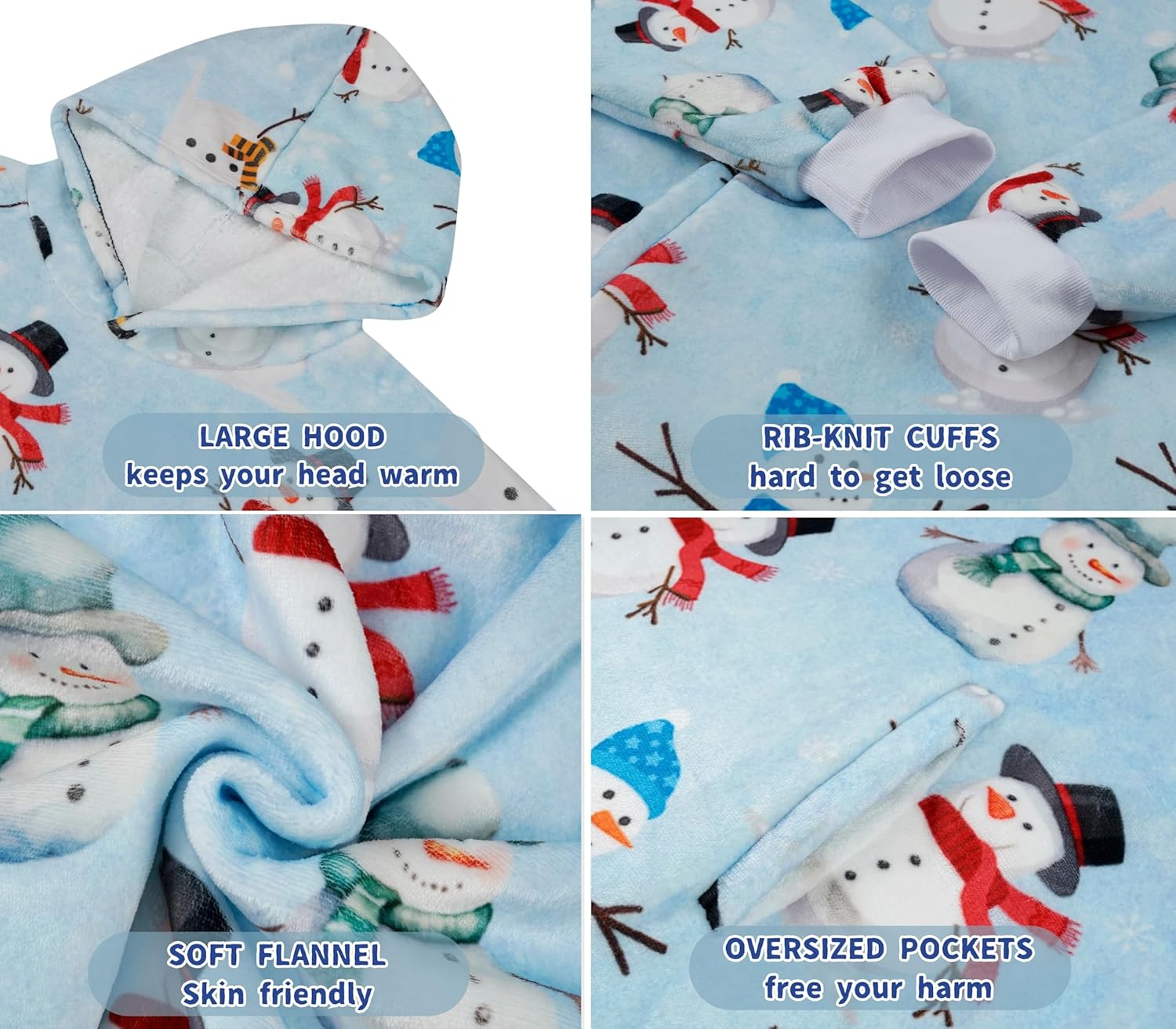 Snowman Gifts, Wearable Flannel Blanket Hoodie, For Women, Girls on Winter, Birthday, Christmas, Soft Warm Cozy with Two Large Pocket