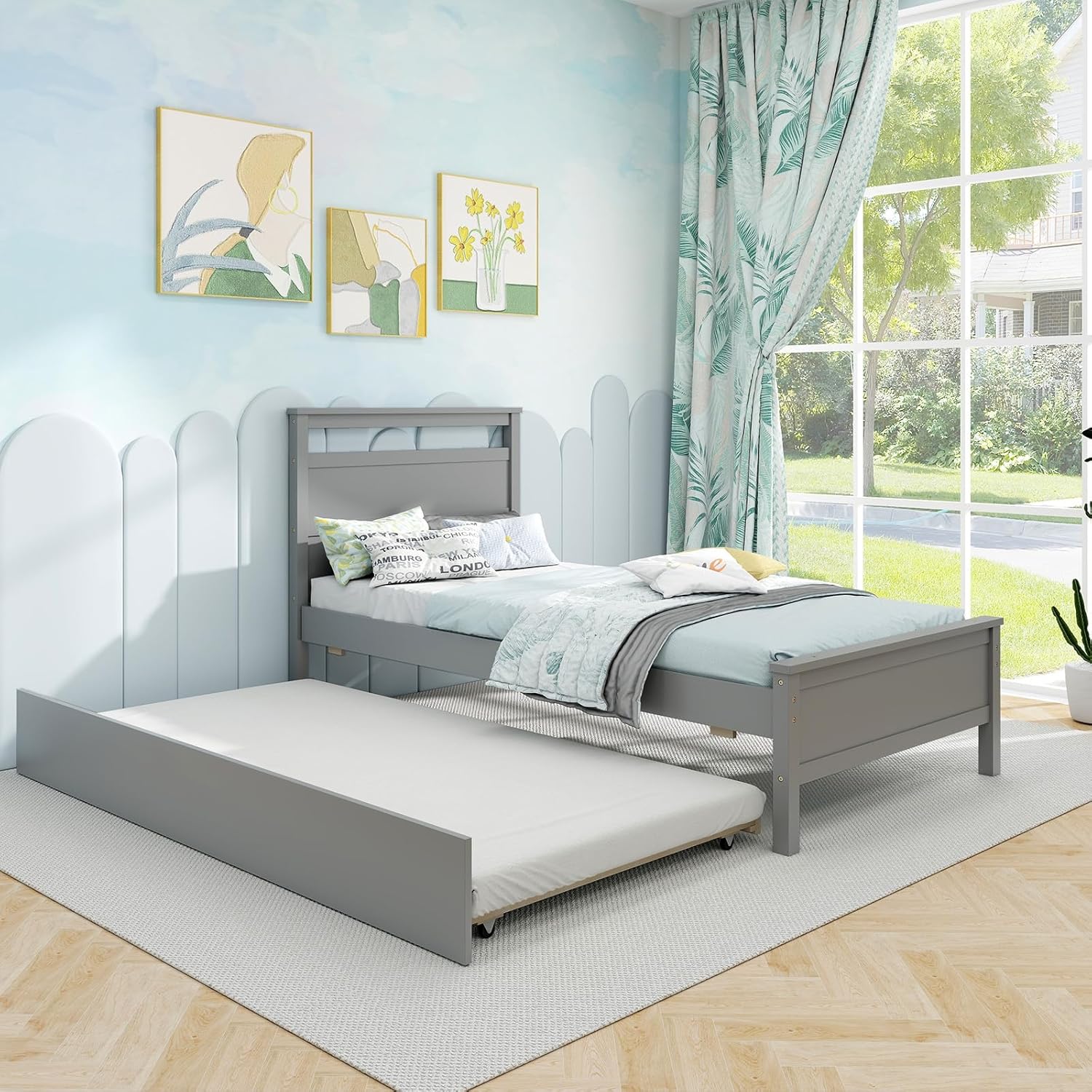 Giantex Trundle Bed Twin, Wood Day Bed Frame with Headboard & Footboard, Wooden Slats Support, Pull Out Bed, Twin Bed with Trundle for Kids Teens Adults, Grey
