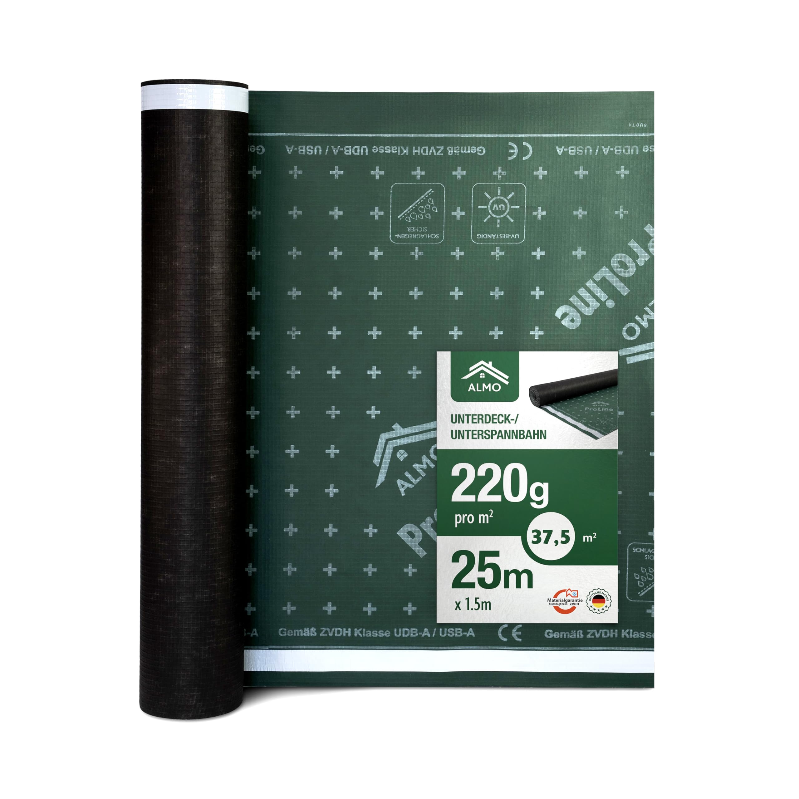 ALMO Durchtrittssichere UV Unterspannbahn 37,5m² (25m x 1,5m) 220g/m² UV-beständige wasserabweisende Unterdeckbahn diffusionsoffen gitterverstärkt