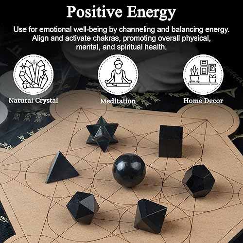 Miniatura 5 de Crocon Juego de 7 piezas de geometría de cristal sólido platónico de turmalina negra, sólidos platónicos, piedras geométricas sagradas para