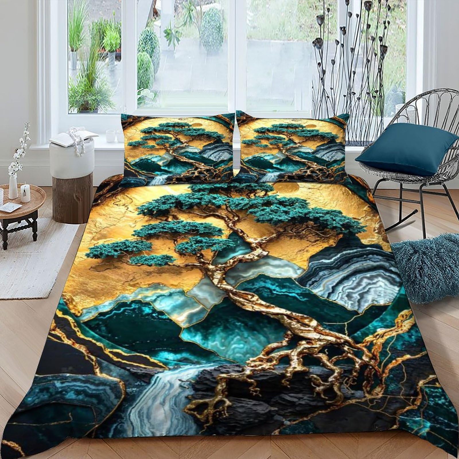 Housse de couette King 220x240cm Arbre Or avec 2 taies d'oreiller zippées