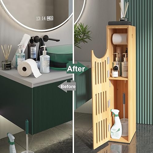 Vista 3 de AmazerBath Armario de almacenamiento de papel higiénico de bambú, soporte de papel higiénico con almacenamiento para espacios pequeños, gabinete