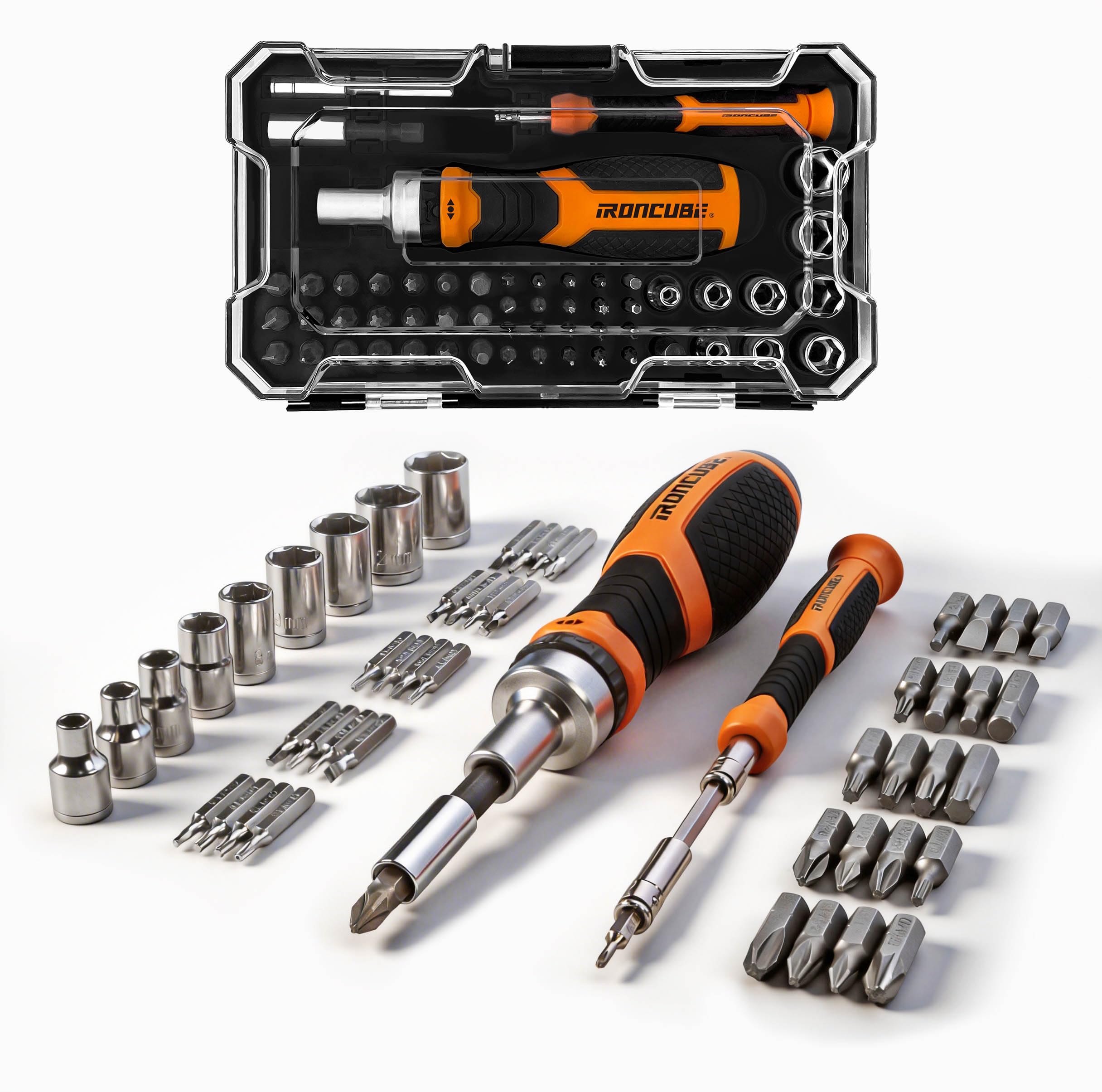IRONCUBE Zestaw wkrętaków z grzechotką, 56 szt. Phillips Torx Hex Pz i nasadka, zestaw bitów magnetycznych do gospodarstwa domowego, fajne prezenty dla mężczyzn lub ojca
