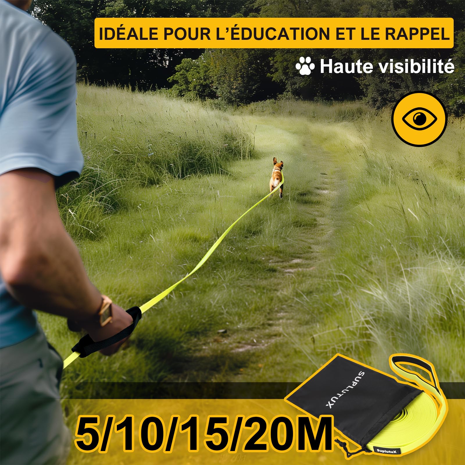 Longe pour Chien 10m, Laisse Chien avec Deux Poignées, Sac de Rangement Longue Corde, Laisses de Dressage pour Chiens Solide, Laisse pour Chiot/Gros/Petit (Jaune-Vert 01, 15m)