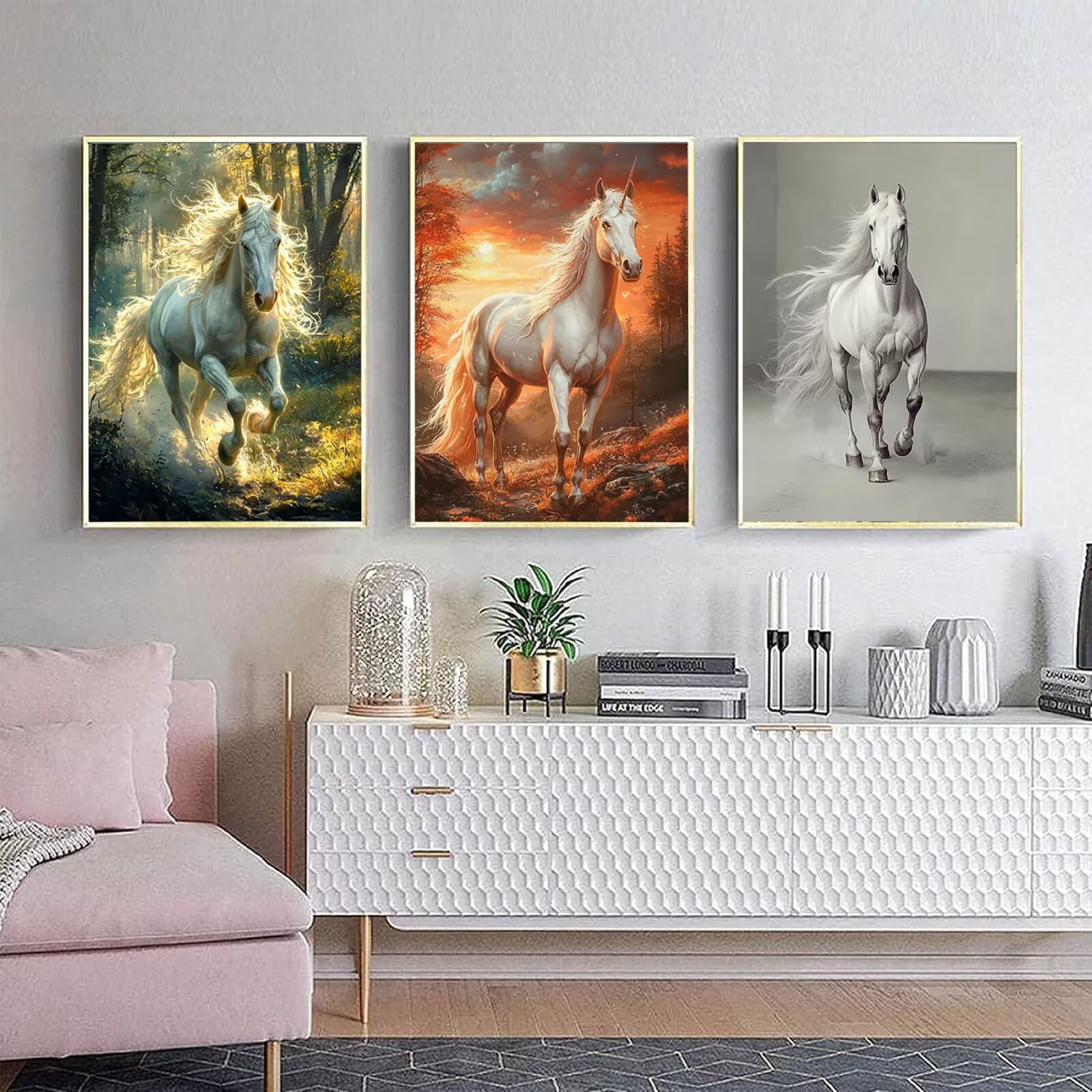 Generico Cnyaunfi 3 Pezzi Animali Pittura Diamante Fai-Da-Te, 5D Bianco Diamond Painting Kit Completo per Hobby Creativi Adulti, Per La Decorazione Della Parete Di Casa 50x70cm YF-3578