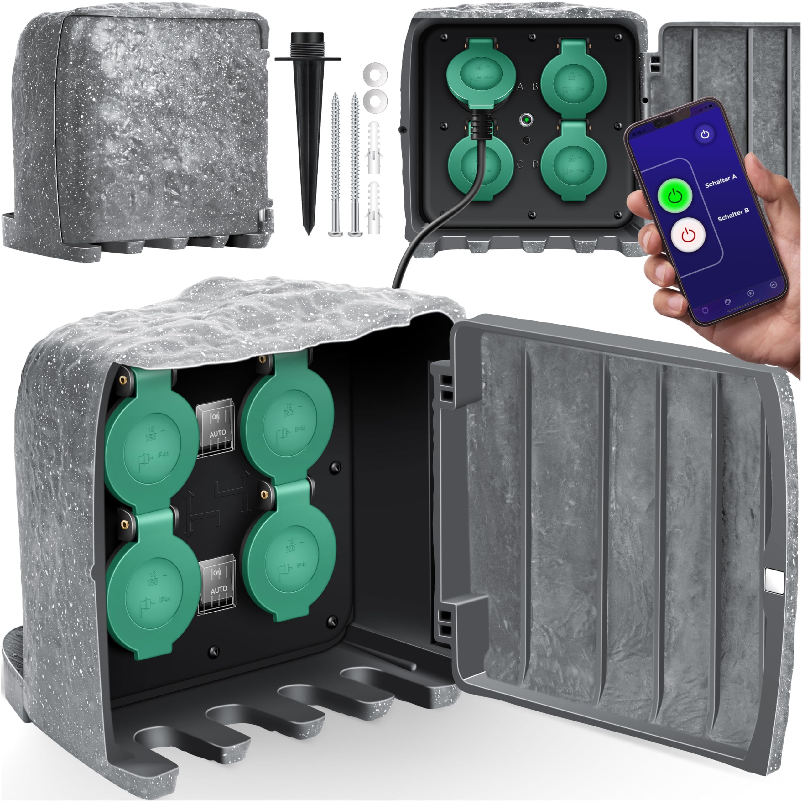 KESSER Zócalo de jardín con aspecto de piedra con 4 enchufes - con función wifi control a través de la aplicación - kit de montaje, enchufes múltiples exteriores con cable de extensión de 3 m toma de