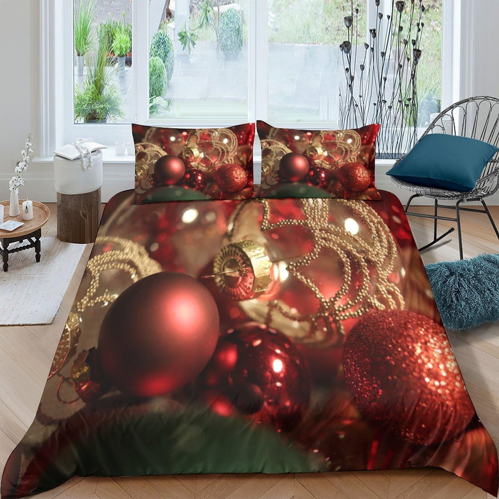 Ctjqhvkz Style-3 3D Printed Christmas Ornament Fitted Sheet Microfiber Soft Red Gold Bed Sheet For Bedroom Guest Room Decor Single（135X200cm）