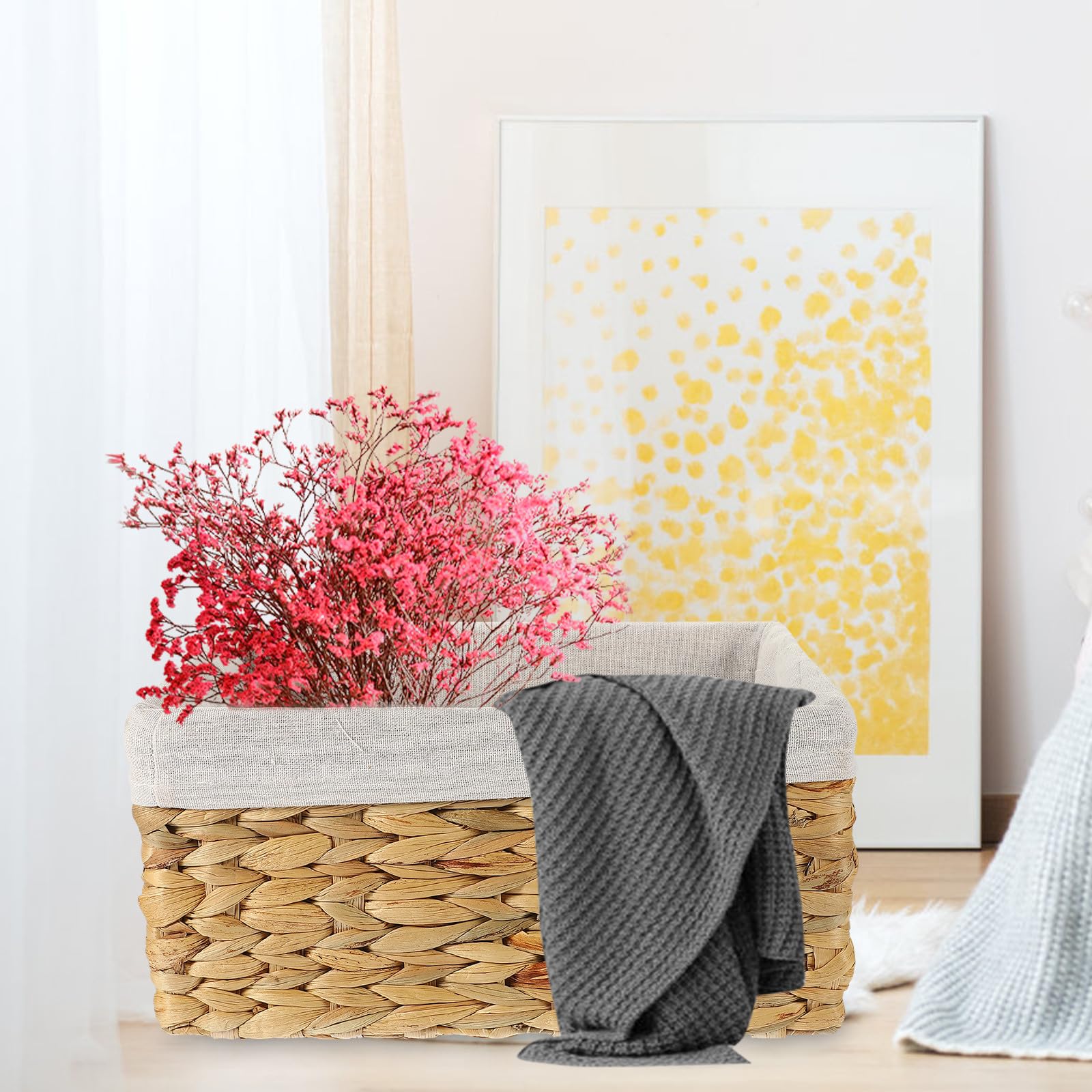 Cesta Organizador Rectangular Tejida a Mano de Hyacinth de Almacenamiento con Forro de Lino de Gran Capacidad para Juguetes y Libros en Sala o Escritorio