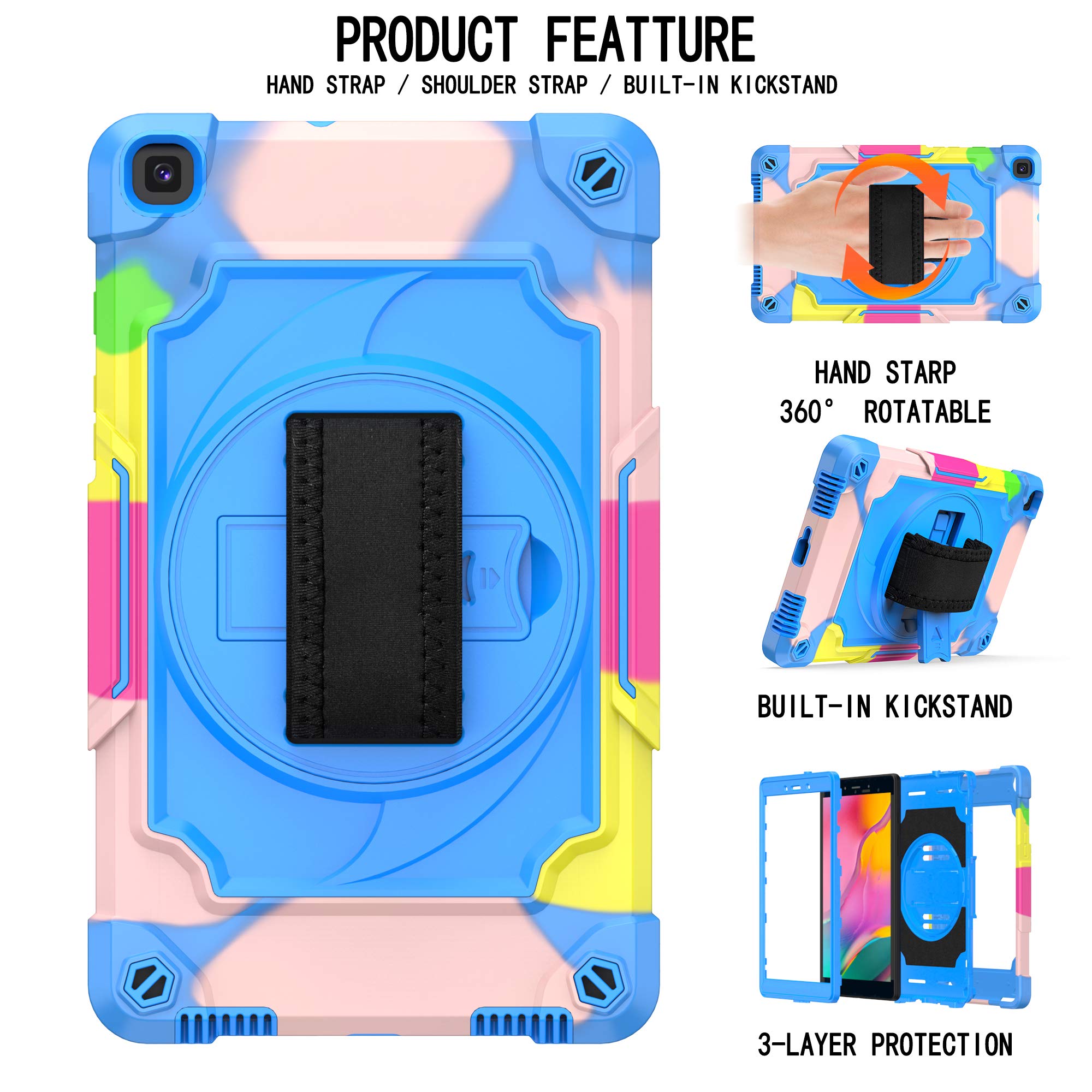 Funda para Galaxy Tab A 8.0 2019 SM-T290/T295, Carcasa Resistente Silicona con Bandolera, Soporte, Correa de Mano para 8.0 Pulgadas Galaxy Tab A 8.0" 2019, Camuflaje/Azul