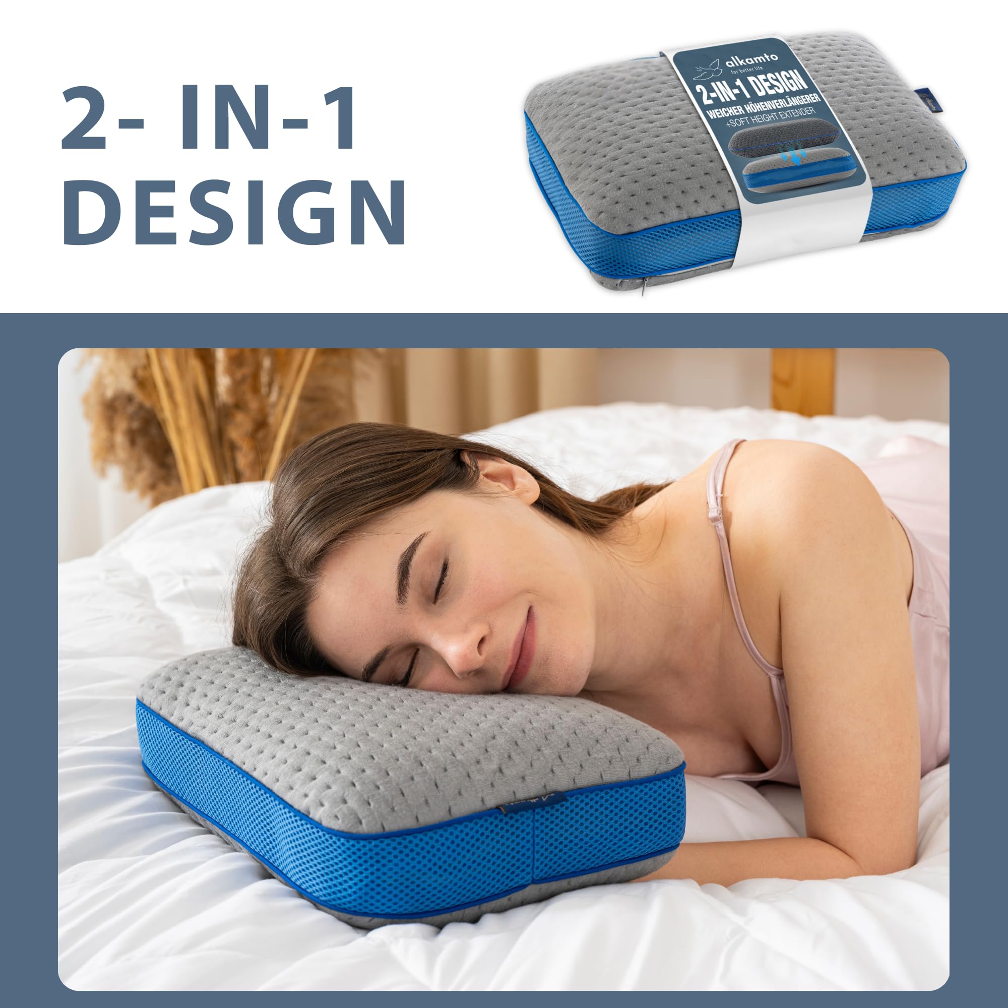 alkamto Coussin de Voyage + Coussin de Nuque de Voyage supplémentaire - Coussin de Camping - Oreiller Ergonomique en Mousse à mémoire de Forme avec Housse thermorégulatrice - Sac de Voyage Inclus
