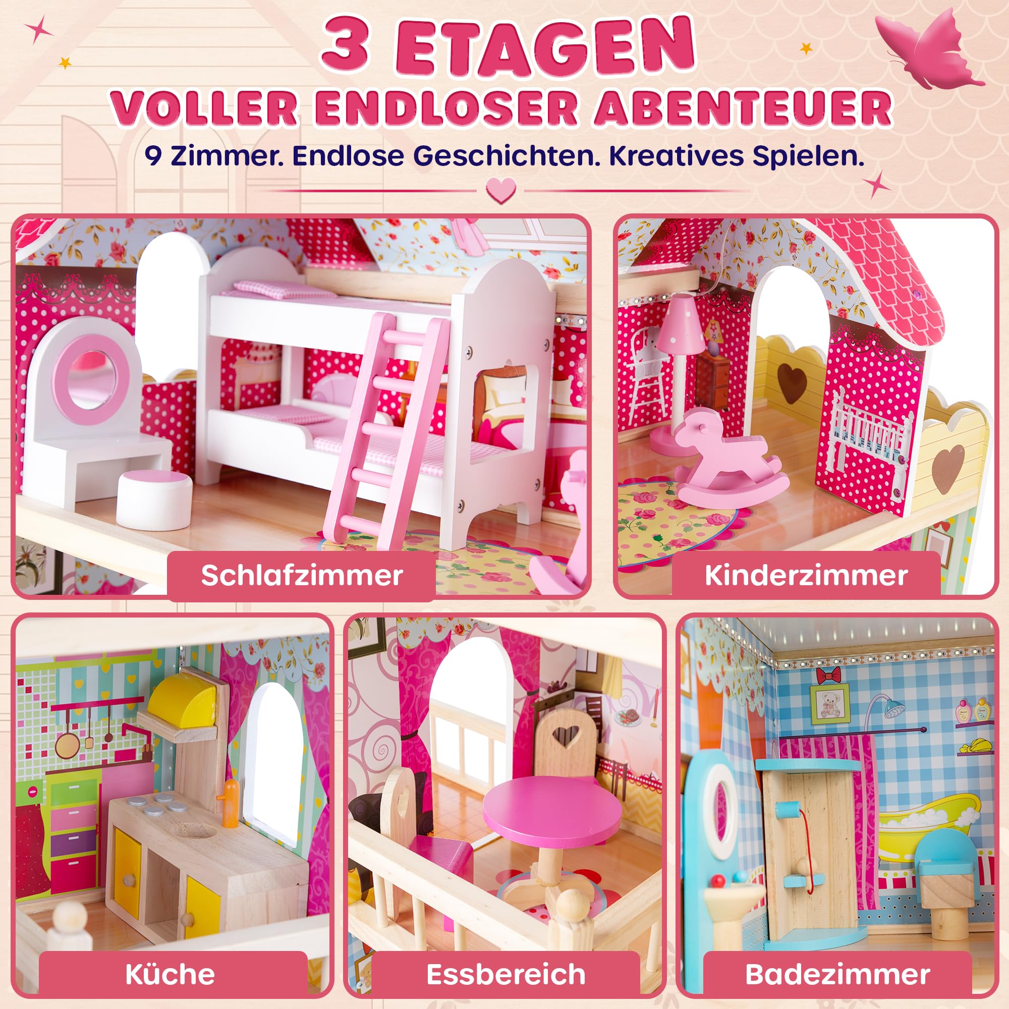 Kinderplay Puppenhaus aus Holz – Große 3‑Etagen‑Villa mit Garage & Garten – LED-Licht, 17 Möbel – Für Kinder ab 3 Jahren, Puppen bis 30 cm – 90 cm hoch