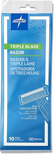 Miniatura 4 de Medline Maquinillas de afeitar faciales desechables con cuchillas triples y tira de lubricación, ideales para pieles sensibles, color azul, paquete