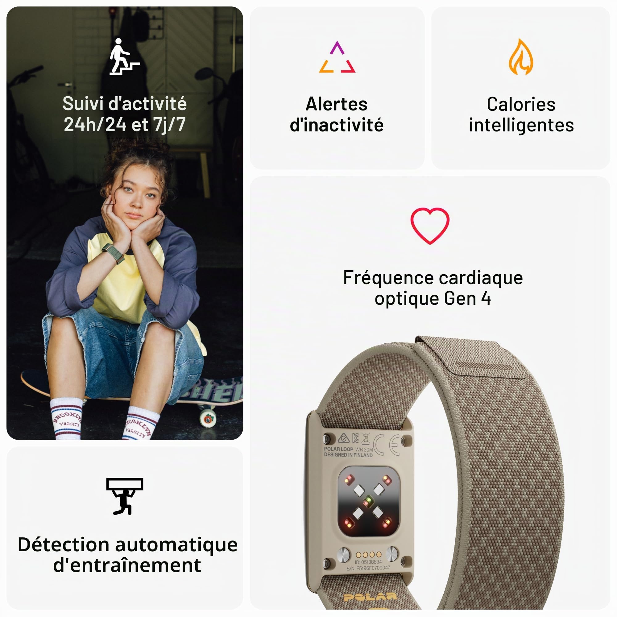 Polar Boucle - Bande de santé et de Remise en Forme Portable Intelligente sans écran avec fréquence Cardiaque 24h/24 et 7j/7, Surveillance du Sommeil et de l'activité, détection Automatique de