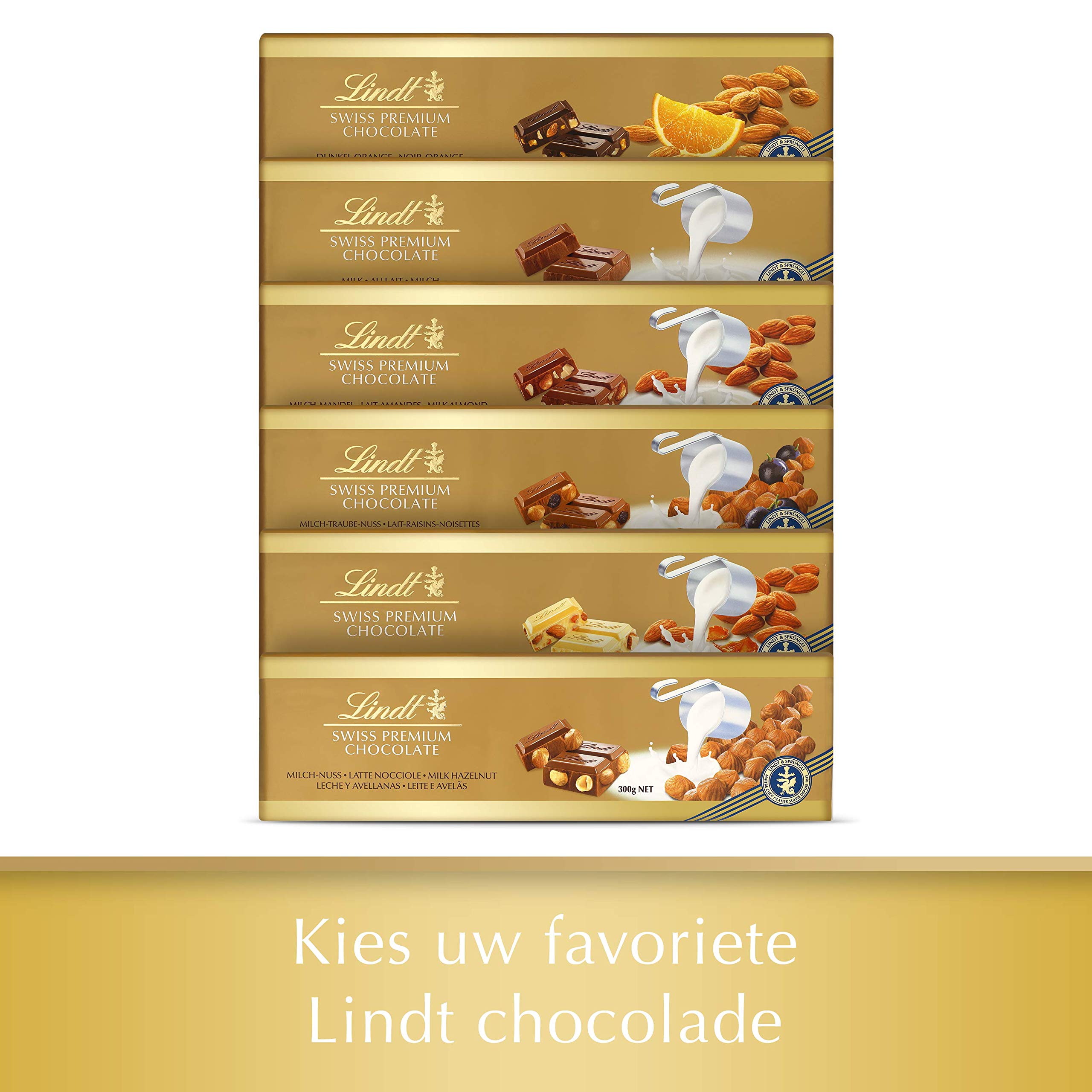 Lindt Tableta de Chocolate con leche con Almendras Gama Oro, cremoso y suave, chocolate suizo tradicional, 300gr (Paquete de 4)