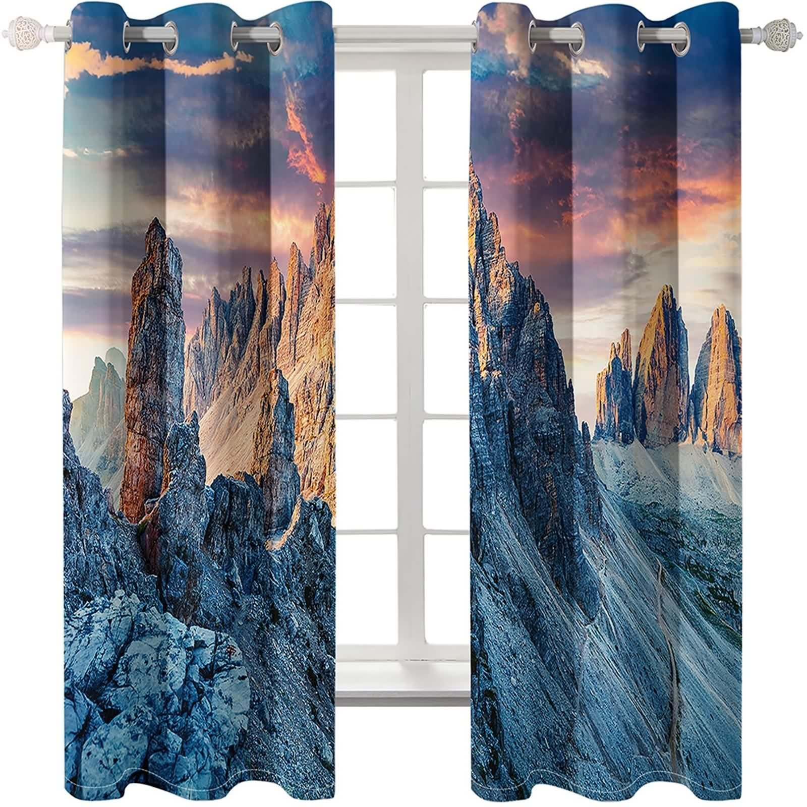 Verdunklungsvorhänge Wohnzimmer, Gardinenstoff Vintage Graubraun Polyester Berglandschaft Dekoration 2er Set B 86 x H 183 cm