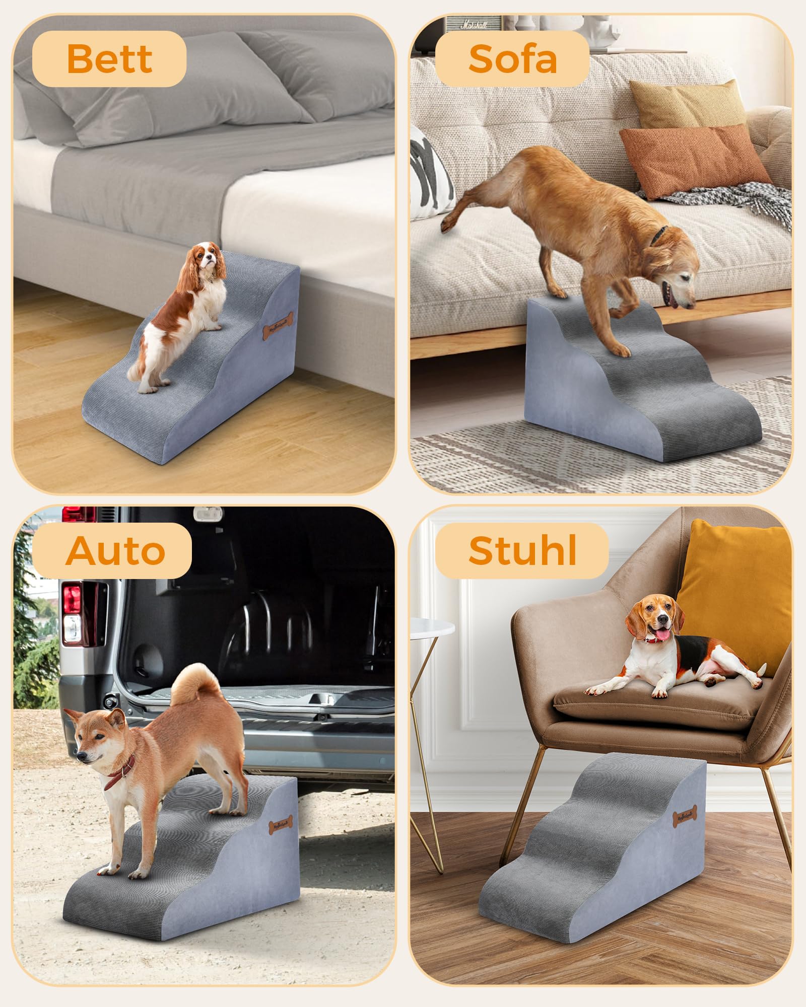 Marchepieds pour Chien à 3 Niveaux, 32 x 60 x 30 cm, pour canapé et lit Haut, marches antidérapantes pour Animaux domestiques, Rampe en Mousse de 30 cm de Haut – Idéal pour Les Petits Animaux