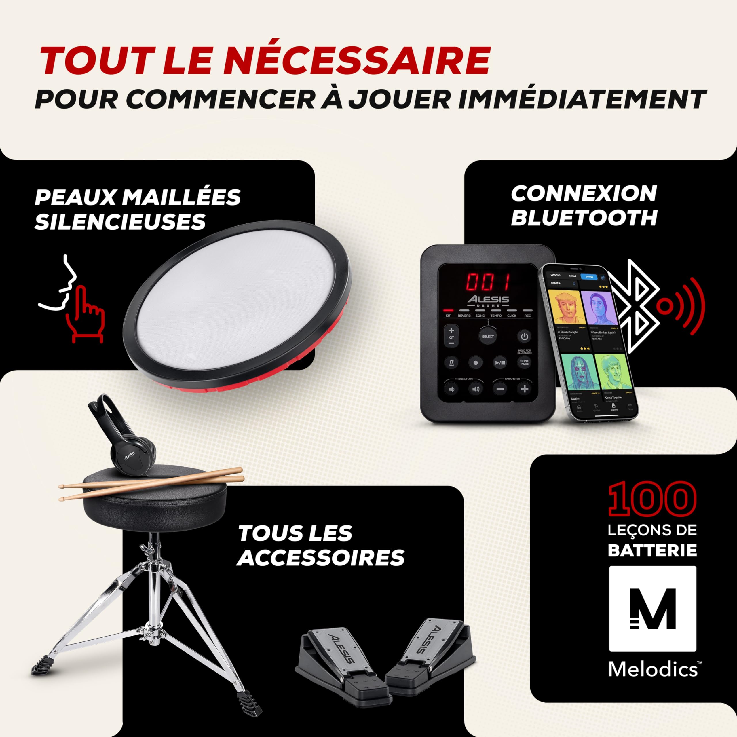 Alesis Turbo Max Batterie Électronique avec Pads Maillés 8 Pouces Silencieux, Leçons, Bluetooth et Accessoires, Pliable