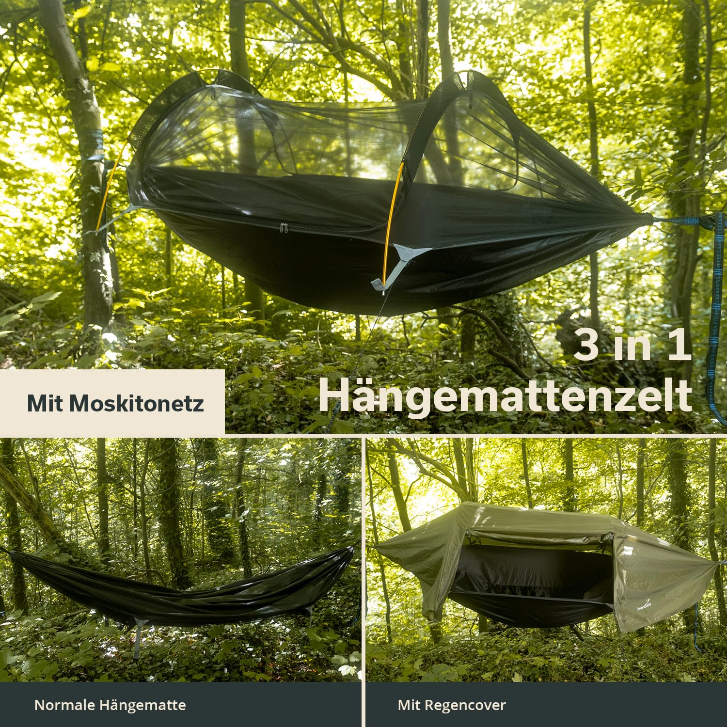 Skandika Hängemattenzelt Rian | Hängematte Outdoor mit Moskitonetz, 200 kg Tragkraft, Ultraleicht, Nylon, 1 Person Zelt, Atmungsaktiv, Baum-Aufhänge-Set | Reisehängematte Wandern, Trekking, Camping