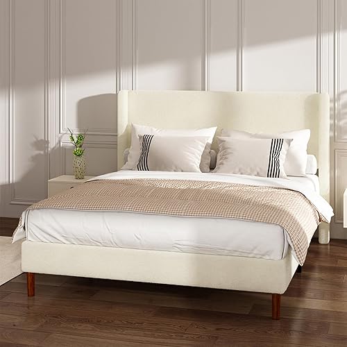 Miniatura 3 de Marco de cama Full Boucle, cama de plataforma con cabecera tapizada con respaldo de ala, fuerte soporte de listones de madera, sin ruido, no