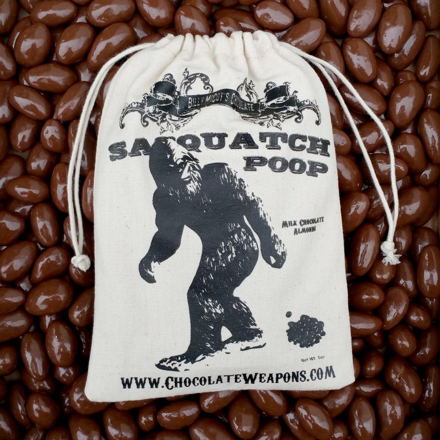 Chocolate BIGFOOT Poop Sasquatch Poo (Milk Chocolate Covered Almonds) in Vintage Cotton Bag (Buck, Elk, & Reindeer available)