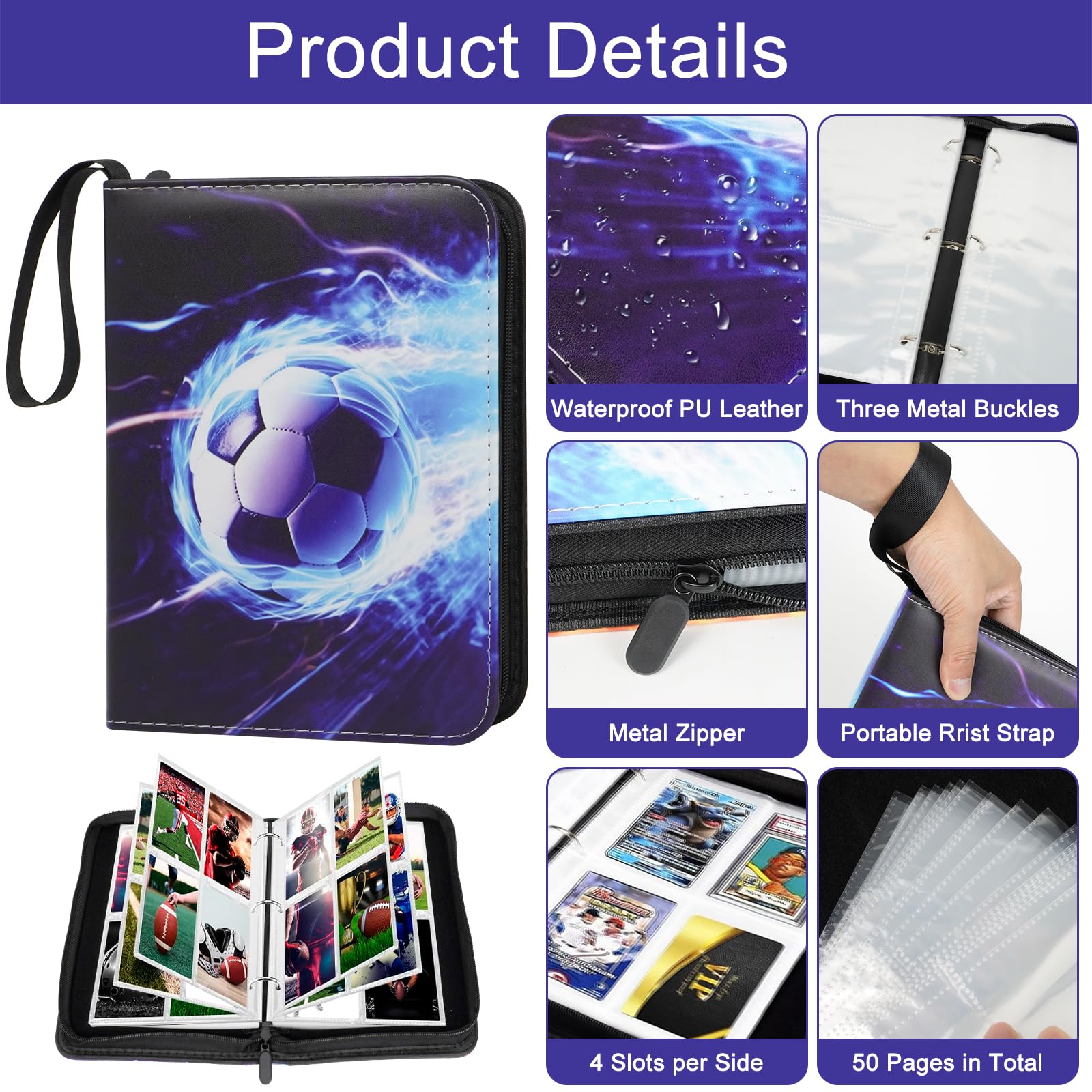 Realjoy Football Card Holder 4 Pocket, 400 Pockets Football Trading Card Binder, Collection Folder with Removable Sleeves for Sports Cards,Game Cards,TCG(Waterproof PU) - Image 3