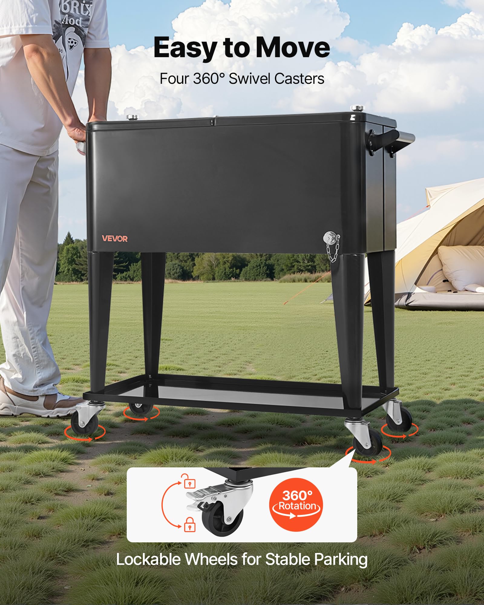 VEVOR Glacière à roulettes Isotherme Contenance de 75,71 L 50 Bouteilles/110 Canettes, Chariot Bar Extérieur avec Étagère Inférieure, Panier Latéral et Décapsuleur, pour Boissons Fraîches, Noir