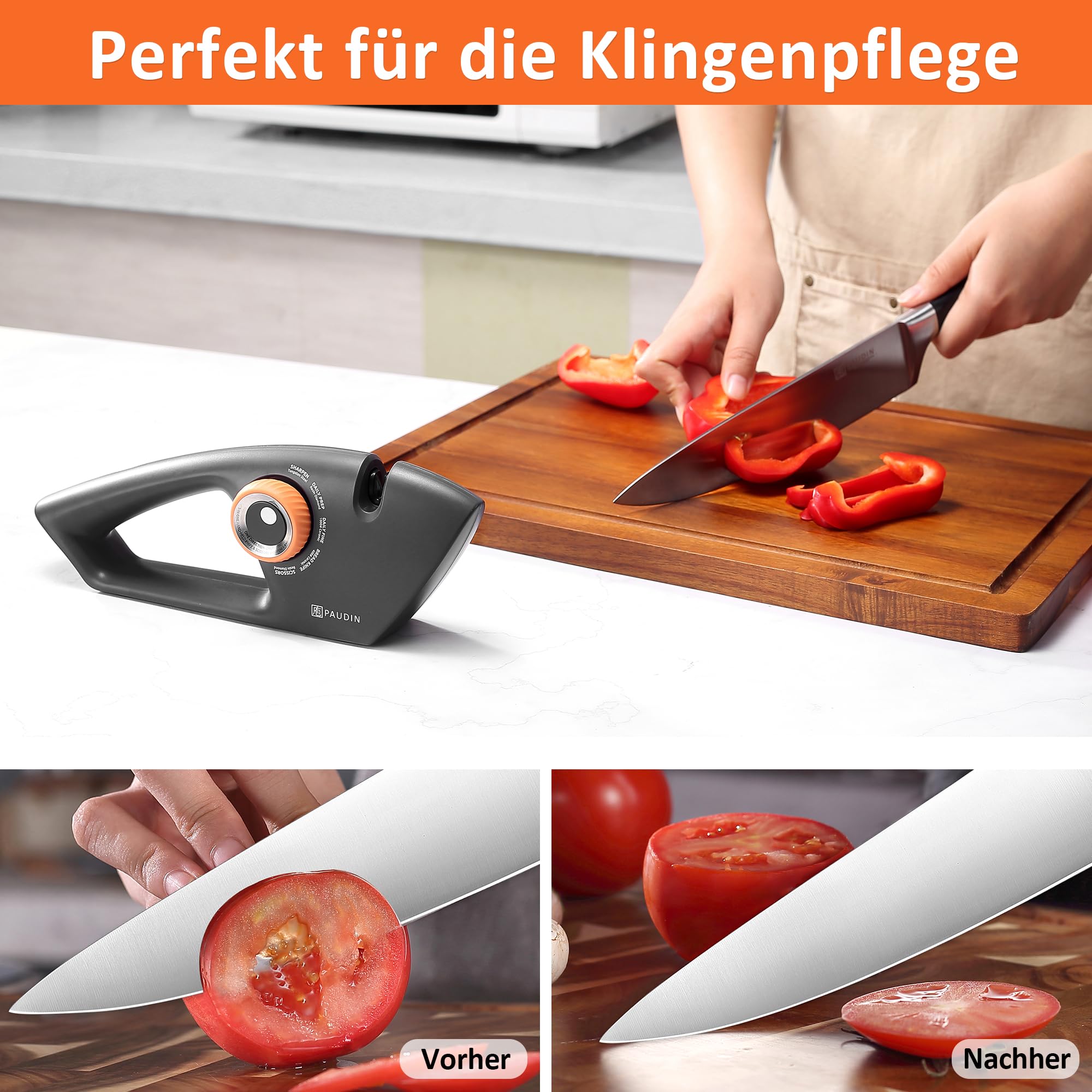 PAUDIN Afilador de cuchillos, amoladora manual, 5 niveles, para cuchillos de cocina, cuchillos dentados, cuchillo de pan y tijeras, herramientas para afilar y pulir cuchillos