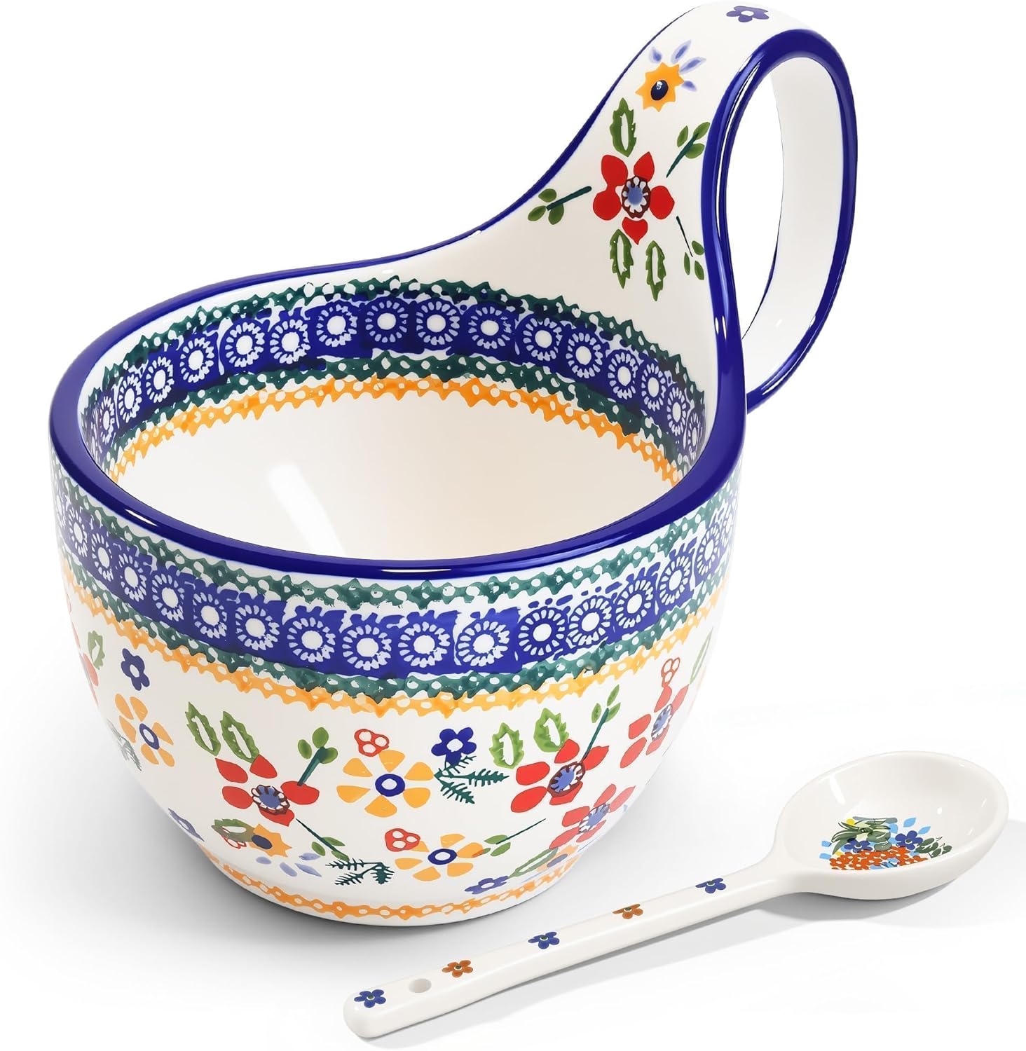 Ceramic Soup Bowl with Handle & Spoon: 17.6oz Hand-Painted French Onion Soup Mug, Microwave Safe, Vintage Style Bowl for Chili, Stew, Cereal, yogurt, Ice Cream, Easter Gift for Mom (Woven Bloom)