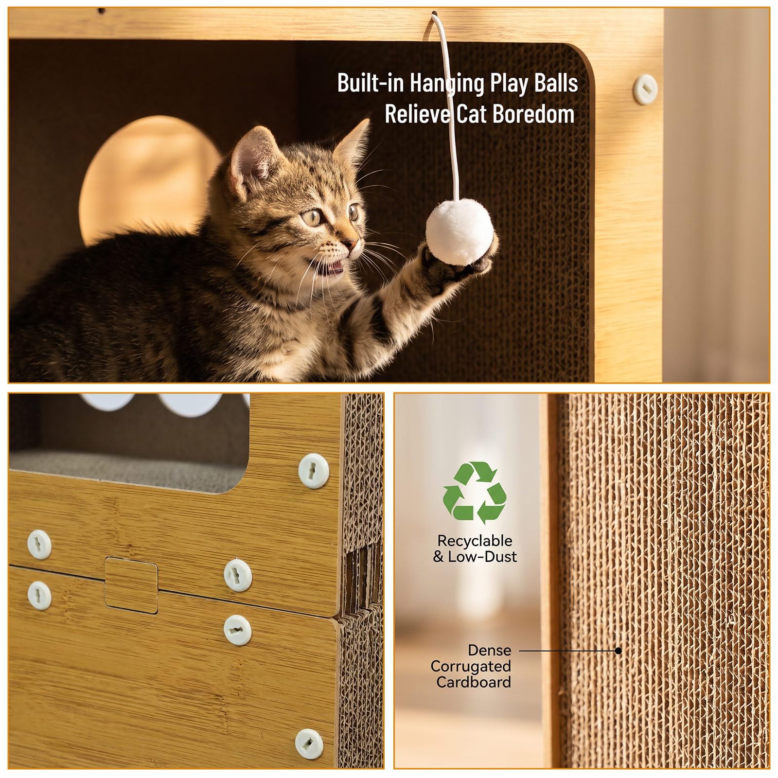 Griffoir pour chat, maison pour chat en carton à 2 étages avec balle suspendue, griffoir pour l'intérieur, grand espace pour chat, meubles pour chats multiples, empêche les dommages aux meubles – 51 x