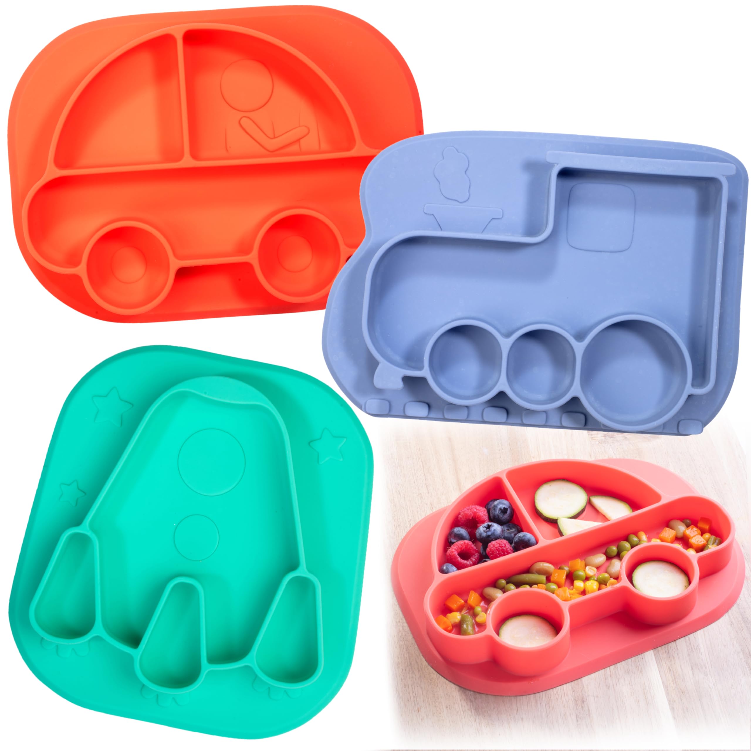 Toddler Silicone Non-Slip Divided Plates- 3 Difft Fun Designs (Car, Train, Rocket) Large Compartments for Easy Food Training, Unbreakable, Dishwasher Microwave Safe- For Baby,Kids- Food Grade BPA Free