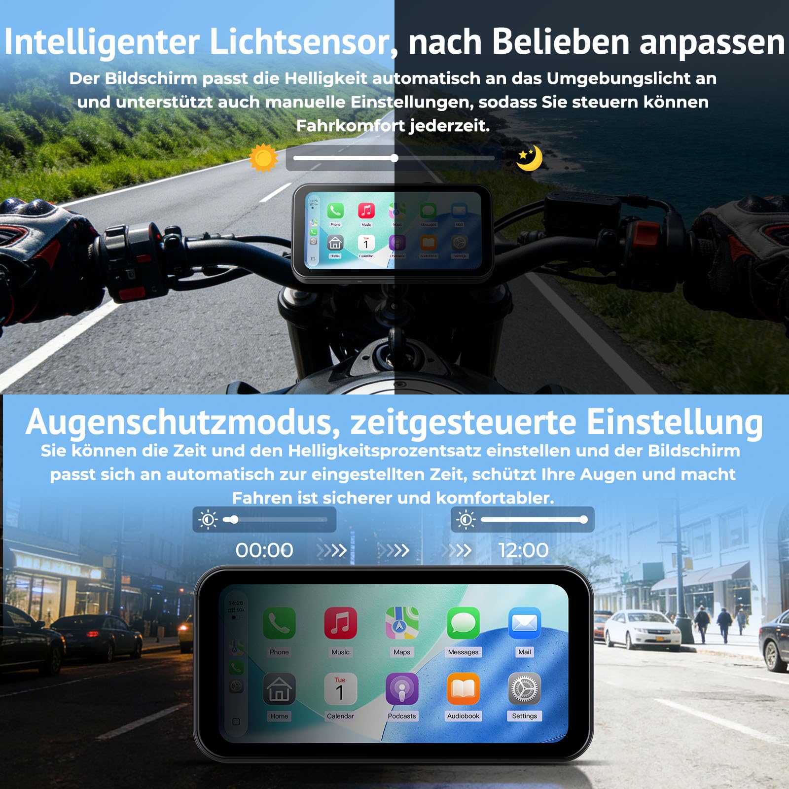 W622 Motorrad kabelloses CarPlay Display 6,25" Touchscreen,kompatibel mit Apple CarPlay & Android Auto,Navi, Sprachsteuerung,IP67 wasserdicht,TPMS,Dual Bluetooth,USB/Acc Stromversorgung