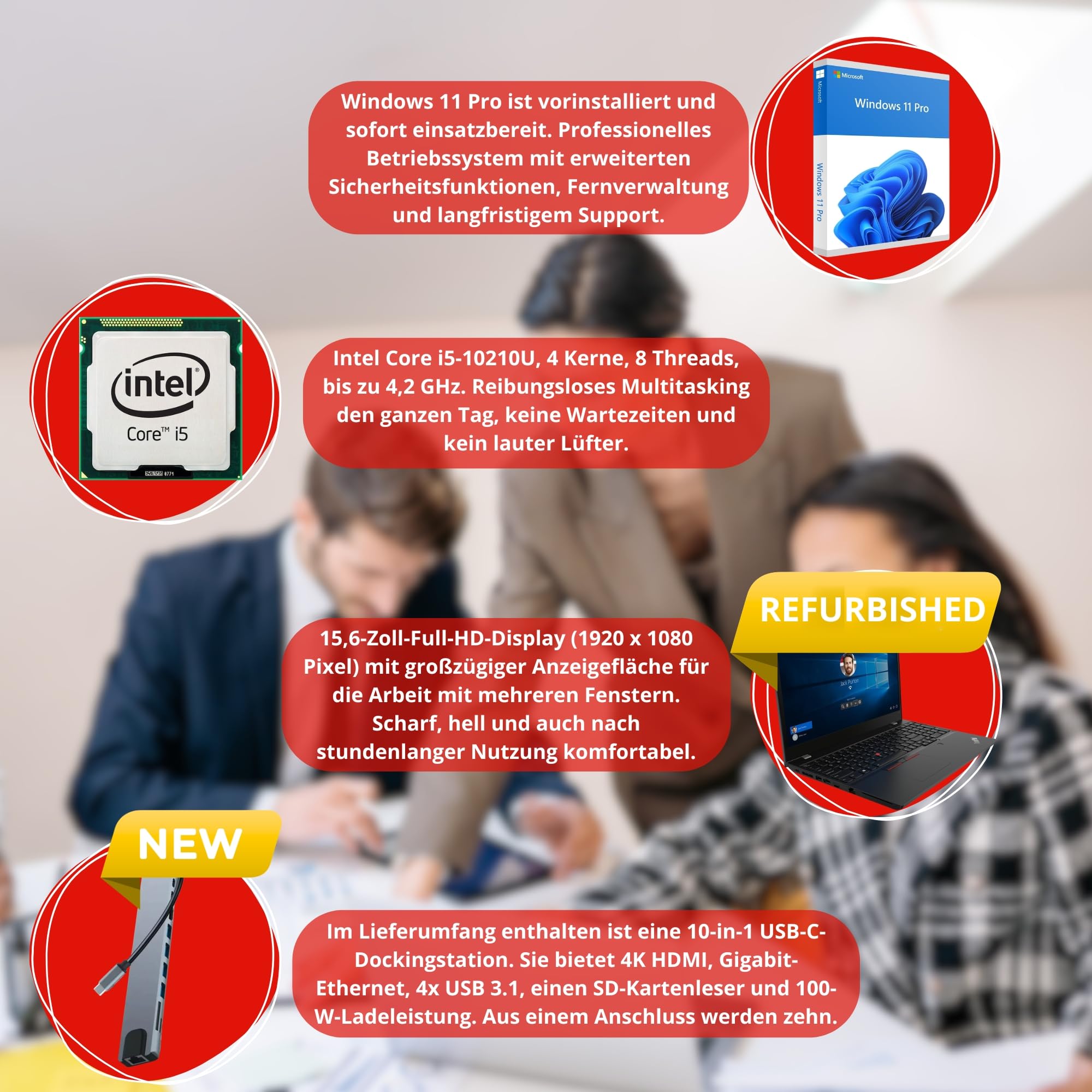 Lenovo ThinkPad L15 Notebook Refurbished 15.6 Zoll Full HD | Intel Core i5-10210U Kerne 4.2GHz | 16GB DDR4 | SSD 512GB nvme | USB-C HDMI Wi-Fi 6 | Windows 11 Pro + Docking Station | 24 Monate Garantie