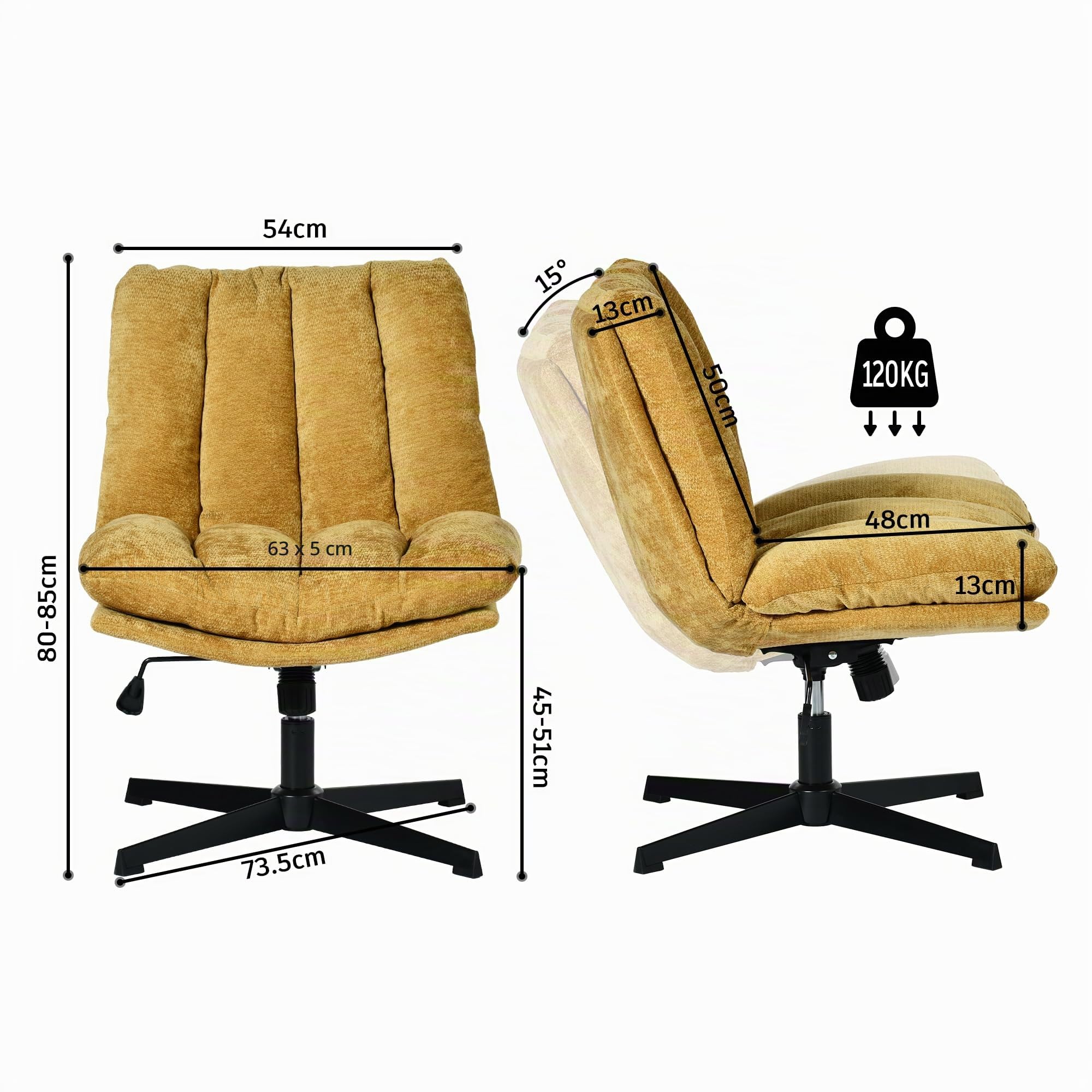 MEUBLE Cosy Silla de Oficina Giratoria 360° Función de Inclinación, Altura Ajustable, Acolchada con Espuma en Tela, para Escritorio Estudio, sin Ruedas, Amarillo