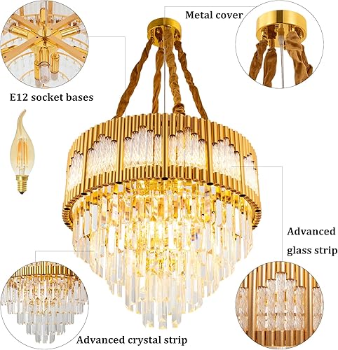 Miniatura 6 de DYNAMI Candelabro de cristal moderno dorado, 23.6 pulgadas, redondo, 5 niveles, cristales transparentes, luces colgantes grandes, altura ajustable