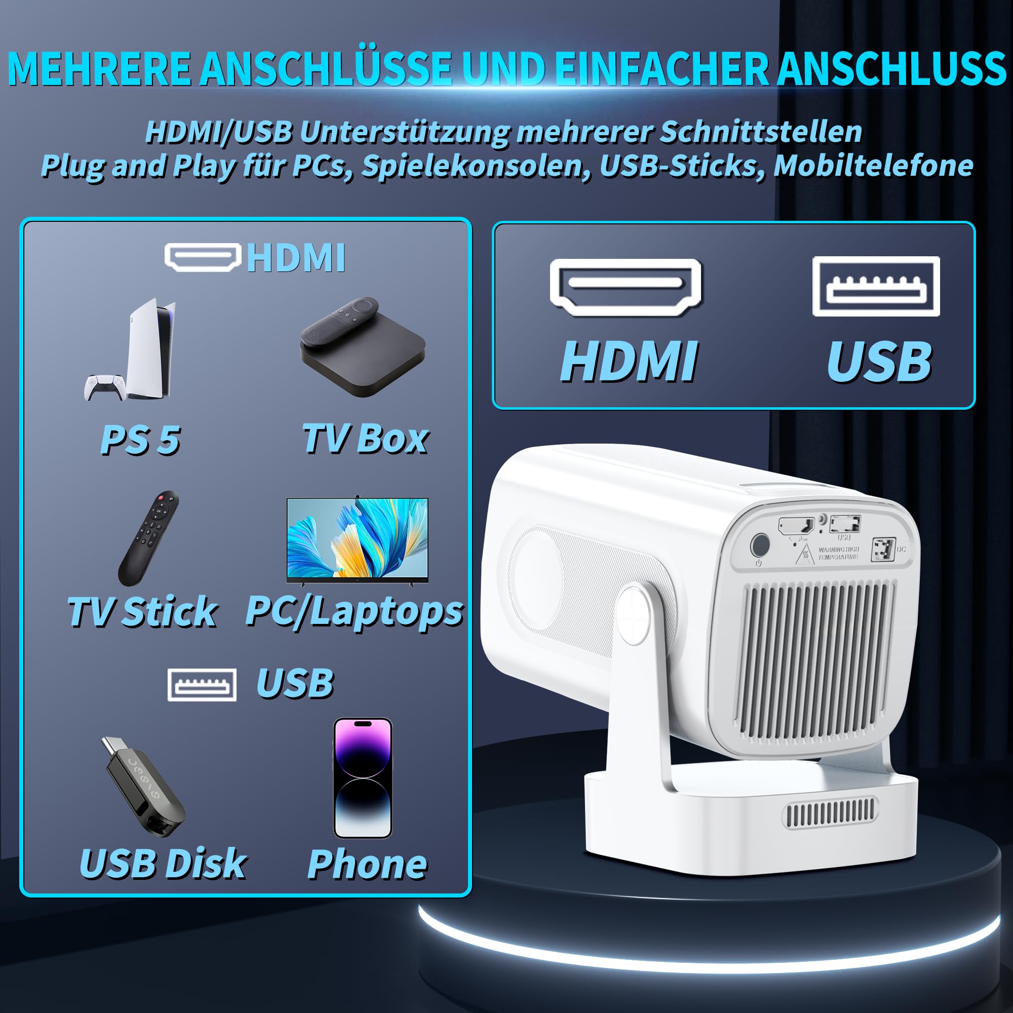 Mini proiettore 4K 1080P Bluetooth5.2 WiFi 6 con proiettore Android 11 4k home cinema 180° girevole Proyector con HDMI per Android/PC/HDMI/USB, bianco