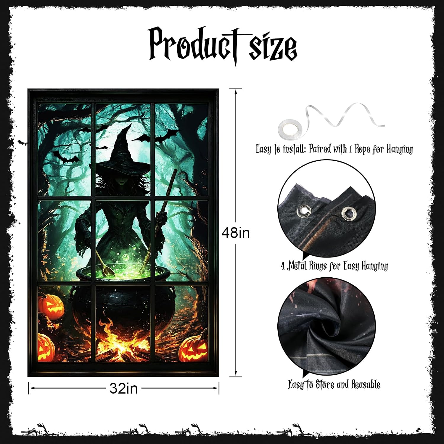 Bunny Chorus Halloween Window Cover, Witch Brewing Potion Silhouette Backdrop, Spooky Indoor Decoration Curtains, Creepy Cauldron Scene Poster for Holiday House Party Supplies, Home Room Window Decor