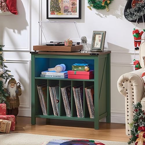 Miniatura 2 de Mesa grande para tocadiscos con estación de carga y luces LED, gabinete de almacenamiento de discos de vinilo verde con capacidad para hasta 230