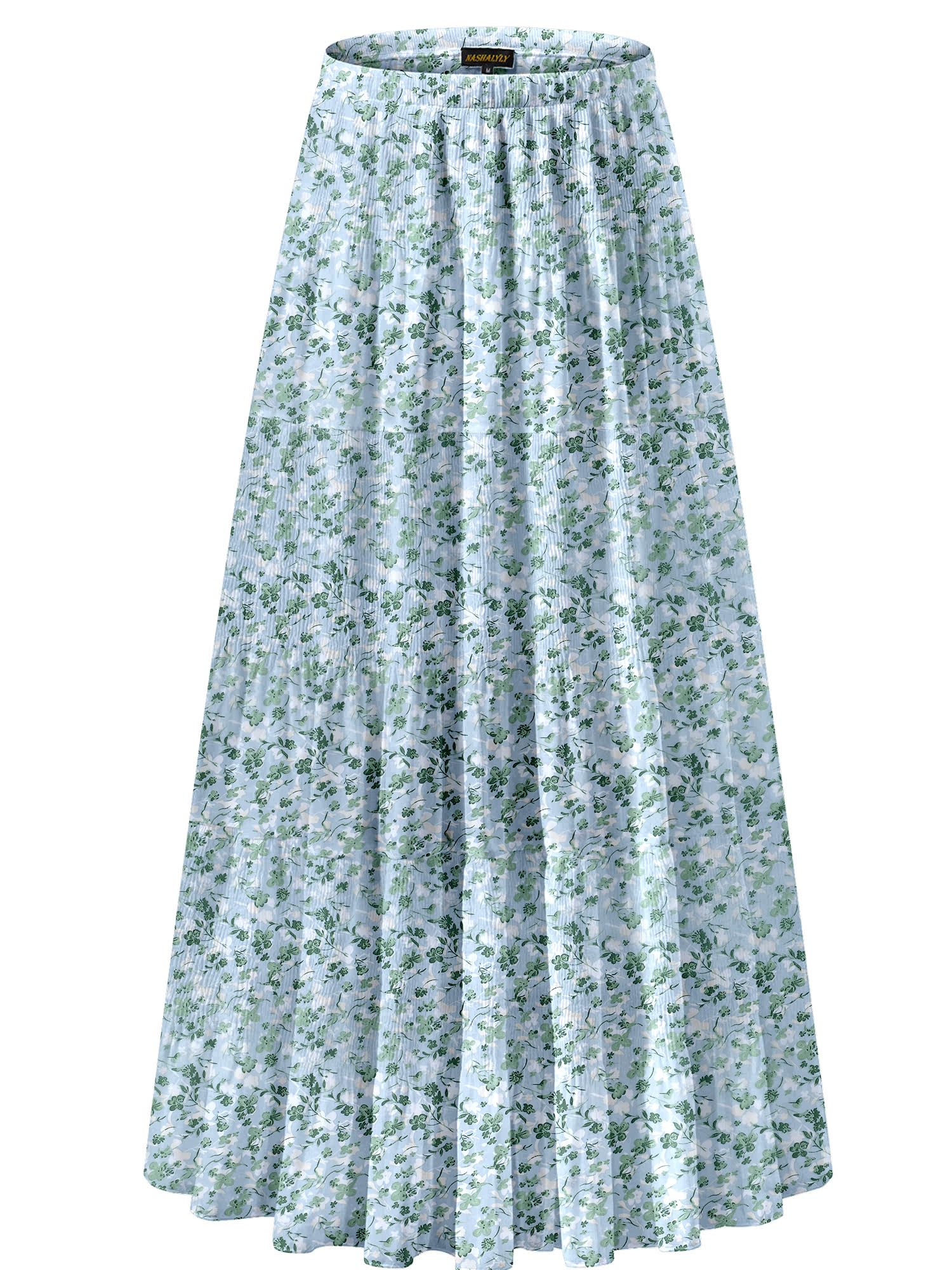 NASHALYLY Women's Chiffon Elastic High Waist Pleated A-Line Maxi Skirts
