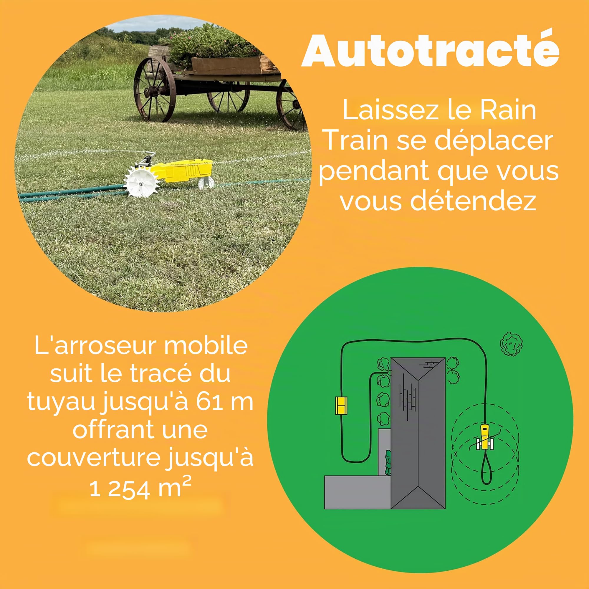 Nelson Rain Train Arroseur Mobile en Fonte, Jaune, 1 254 m² pour Cour et Jardin, avec arrêt Automatique