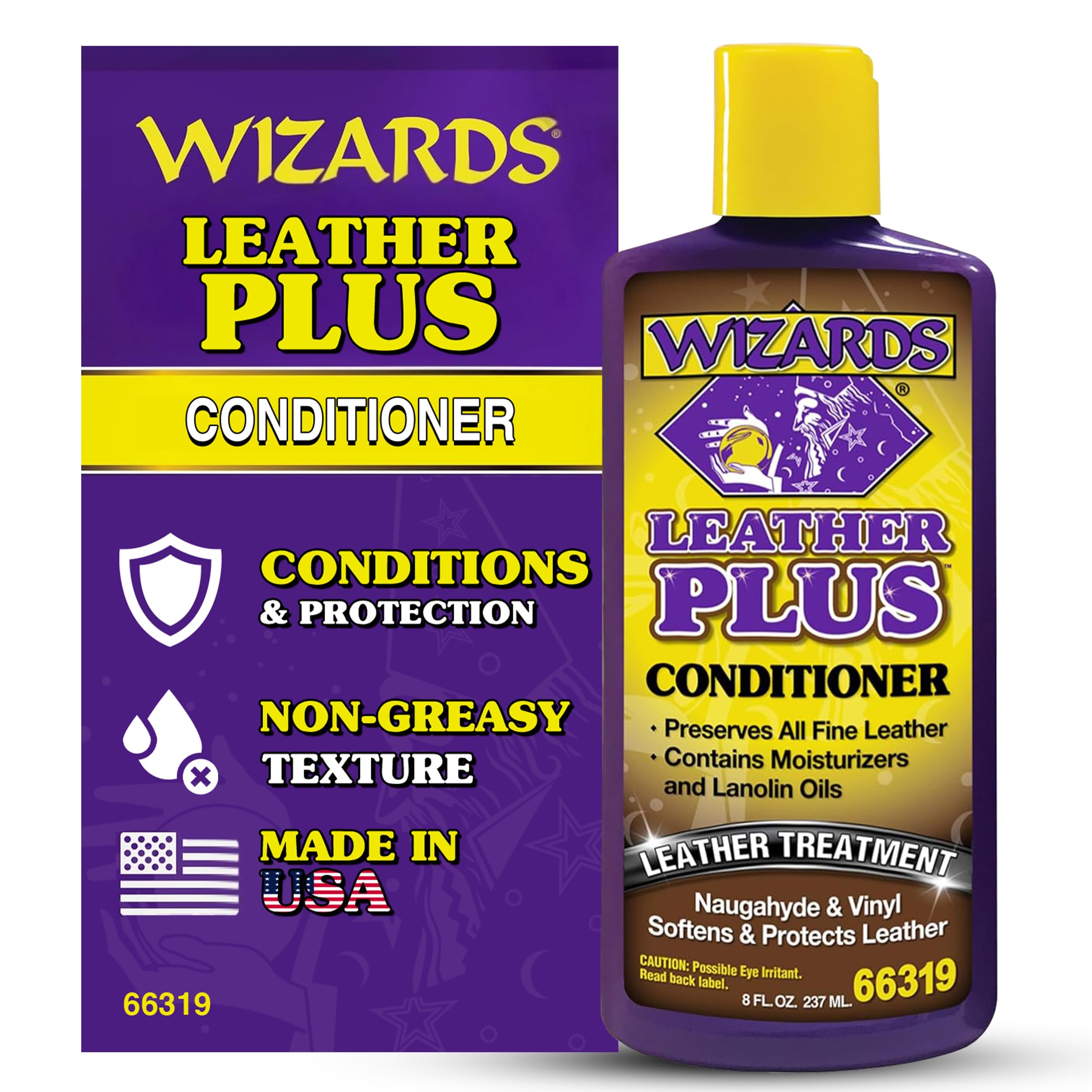 Wizards Leather Plus Leather Conditioner - Moisturizing Car Leather Seat Cleaner and Conditioner - Cleans, Conditions and Protects Leather, Naugahyde and Vinyl Car Accessories - 8 oz - Made in USA