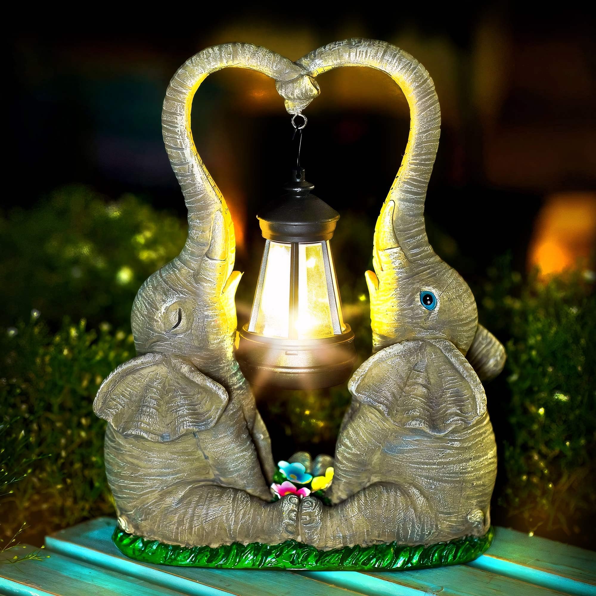 Elephant Statue Garden Decor with LED Solar Lights-Set of 2 Good Luck Elephant Outdoor Statue Elephant Gifts for Women Garden Statues for Yard Patio,Porch,Home for Women
