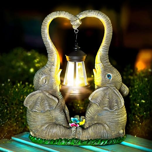 Elephant Statues Garden Decor with LED Solar Lights-Set of 2 Good Luck Elephant Outdoor Statue Decorations for Yard Patio,Porch,Home for Women, Mom, Grandma,Lover (Elephants)