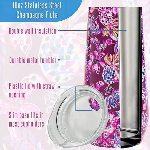 Miniatura 5 de Lilly Pulitzer Flauta de champán sin tallo de 10 onzas, vaso pequeño de acero inoxidable con tapa, vaso de metal aislado de doble pared, cereza