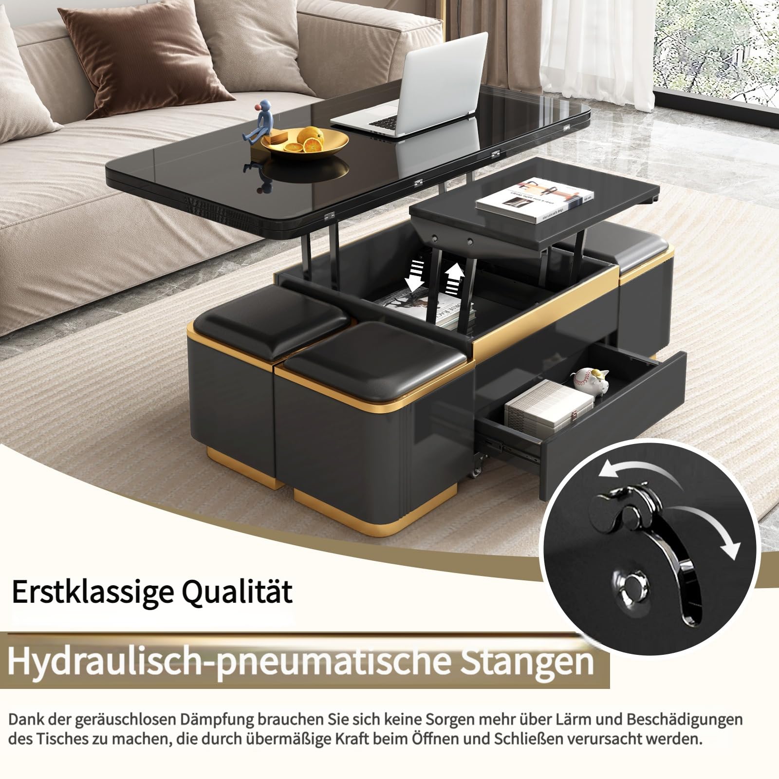Guyii Höhenverstellbarer Couchtisch 120 cm lang mit Ablage, Multifunktionaler Cauchsofa Tisch, Coffee Table mit integriertem Stauraum und Klapptisch, Moderner Design für Wohnzimmer (schwarz)