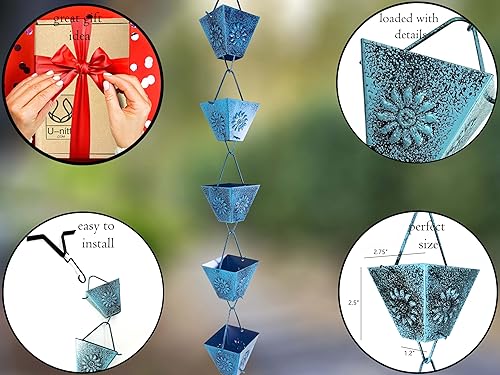 Miniatura 5 de Cadenas de lluvia, canal de bajante de canalón de techo, atrapasadordesviador de agua de lluvia, 8.5 pies, metal, recubrimiento de polvo negro,