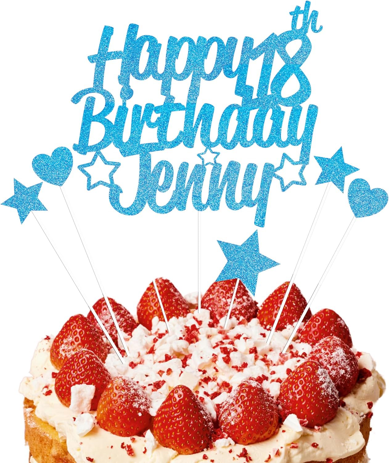 EKAM Personalised Happy Birthday Cake Topper, Customised with Any Age Name Party Cake Decoration, Glitter Card Cake Topper With Heart Star Cup Cake Toppers - 9Pcs (Prime, Sky Blue) — image 1