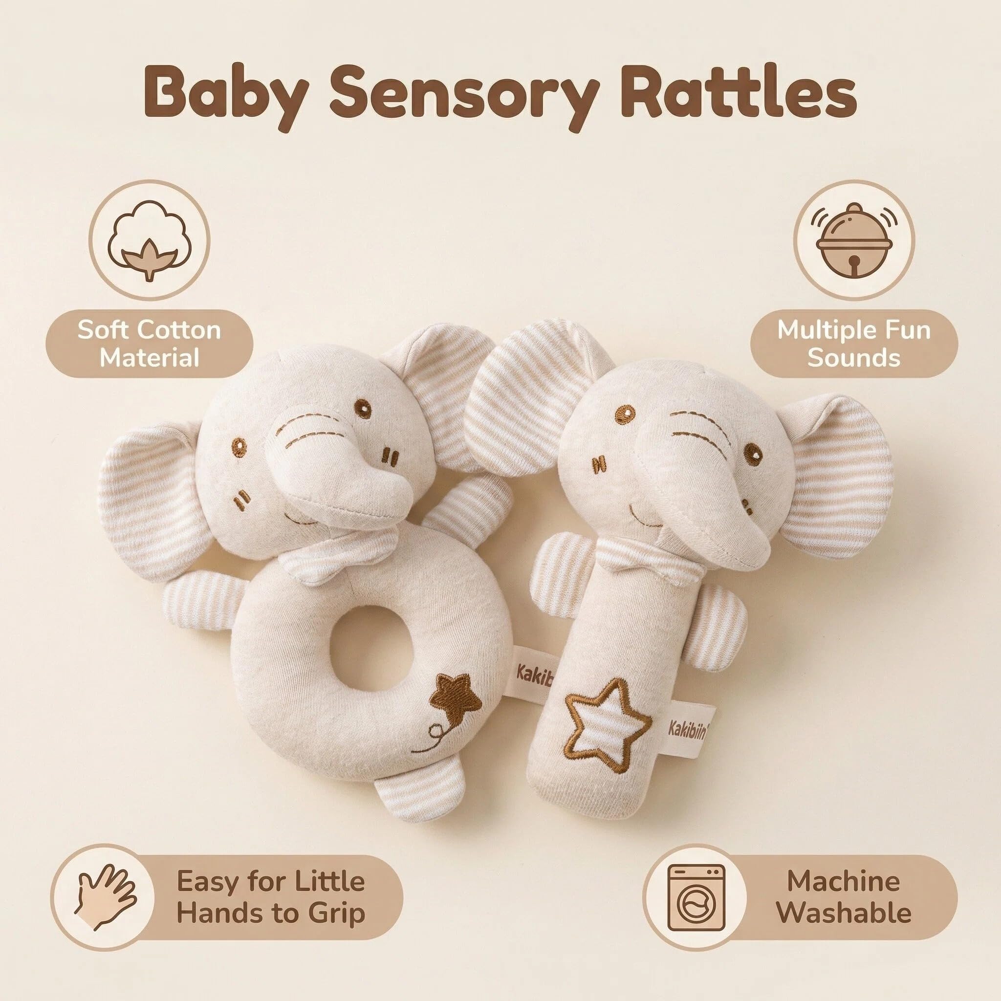 2 Pcs Soft Rattle Toys for Babies 0-6 Months,Baby Soft Rattle Sensory Toys,Plush Animal Hand Rattles Toys,Babies Sensory,Early Developmental Newborn Baby Birthday Gifts,Girls Boys Babies (Elephant) - Image 2